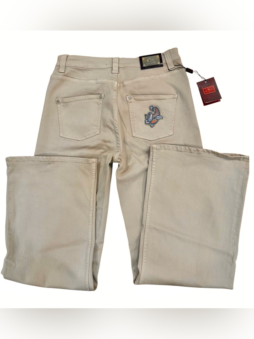Etro Milano Beige Wide-Leg Jeans Embroidered Paisley‎ Back Pocket Size 29